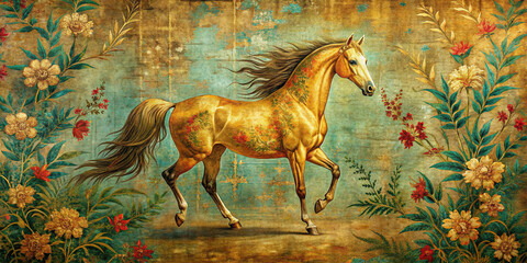 A majestic golden horse runs gracefully against a vintage floral background, showcasing power, beauty, and elegance in a timeless and artistic representation