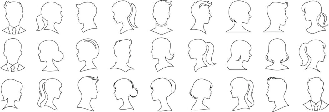 man woman profile line art head, hairstyle, men, women outline collection, variety line art. features 27 unique hairstyles, male and female head silhouettes, showcasing various hairstyles, side view