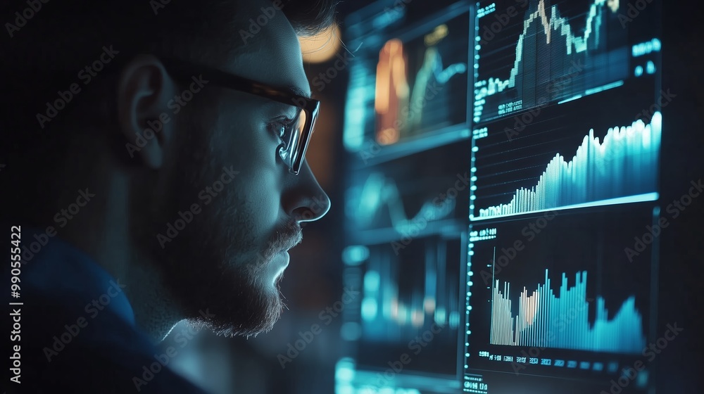 Poster a focused analyst reviewing financial graphs and data on multiple screens in a dimly lit office envi