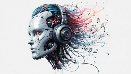 Robotic female head with headphones and musical notes, combining technology and music in a futuristic concept