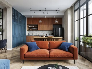 Fototapeta premium Living room concept featuring a rusty-colored couch, blue decorative elements, wooden cabinets, and a warm parquet floor that creates a modern yet cozy ambiance