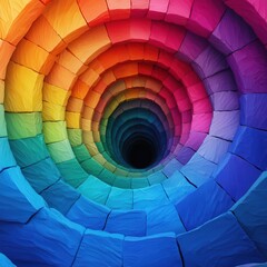 A vibrant, spiral tunnel of colorful layers creates a mesmerizing illusion of depth and movement.