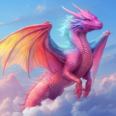 A vibrant pink dragon with colorful wings soars through a dreamy sky filled with soft clouds.