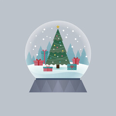 Vector illustration of a snow globe with a christmas tree inside.