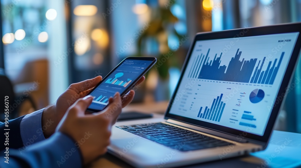 Poster analyzing financial data on a smartphone and laptop in a modern workspace during the daytime