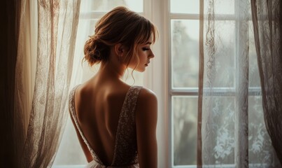 Fototapeta premium Bride standing by window in lace dress.