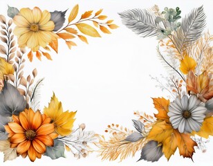 Obraz premium Fall flower wreath with watercolor Aster and branch of berries. Hand drawn red and orange floral frame with blooming in rustic style.