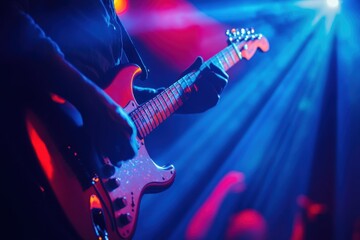 Obraz premium A professional guitarist plays an electric guitar on stage during a concert. The close-up captures the intensity and passion of the performance, with the dazzling stage lights creating a