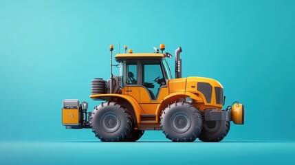 Fototapeta premium A vibrant orange tractor on a teal background, showcasing its modern design and robust features in a minimalist style.