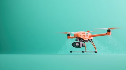 A vibrant orange drone poised on a teal backdrop, showcasing modern technology and innovation in aerial photography.