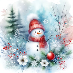 Obraz premium Abstract winter background with snowman, snowflakes, christmas pine tree, heavy snowfall, snowflakes