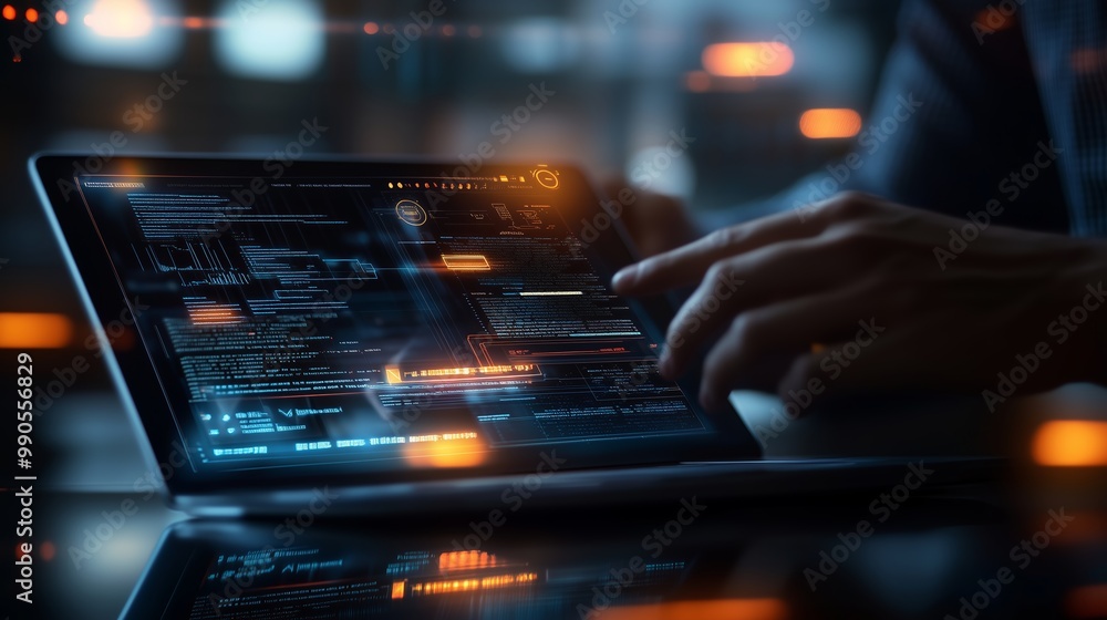 Poster a person engages with advanced technology on a tablet, analyzing data and coding in a modern workspa