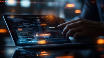 A person engages with advanced technology on a tablet, analyzing data and coding in a modern workspace during nighttime