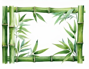 Naklejka premium Bamboo frame isolated on white background. Bamboo with green leaves. Hand painted watercolor illustration. Realistic botanical art. Template