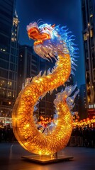Obraz premium Serpentine Chinese dragon in flight over a bustling festival full of lanterns