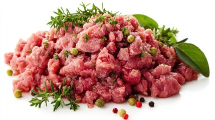 Raw ground meat with fresh herbs and peppercorns on white background.