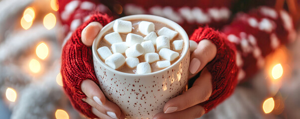 Woman hands holding a mug of hot chocolate with marshmallows, wearing red cozy gloves, with warm festive lights in the background.