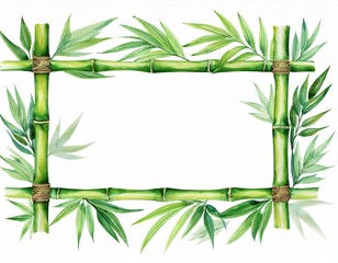 Fototapeta premium Bamboo frame isolated on white background. Bamboo with green leaves. Hand painted watercolor illustration. Realistic botanical art. Template