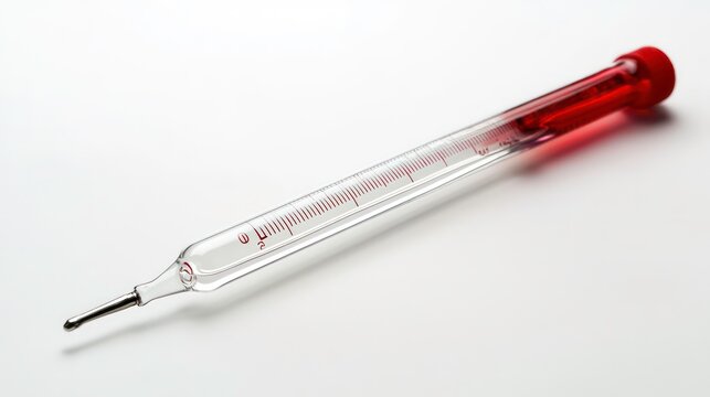 A vintage glass thermometer with a red liquid inside lies on a white background.