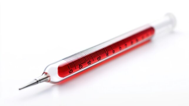 A glass syringe with a brown liquid inside on a white background.