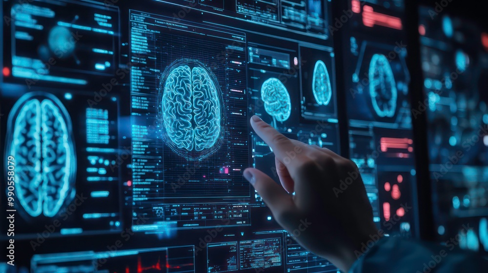 Poster A hand reaches out to touch a digital brain scan displayed on a futuristic computer screen with multiple screens.