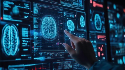 Obraz premium A hand reaches out to touch a digital brain scan displayed on a futuristic computer screen with multiple screens.