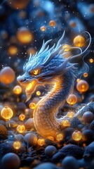Fototapeta premium Chinese dragon breathing fire in a mystical forest filled with lanterns