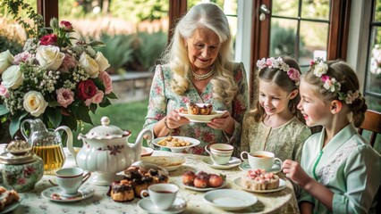 Elegant family tea party with grandmother and granddaughters in floral setting