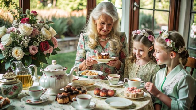 Elegant family tea party with grandmother and granddaughters in floral setting