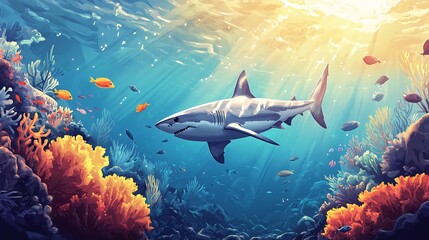Obraz premium A majestic shark swims through a vibrant coral reef, sunlight filtering through the water.