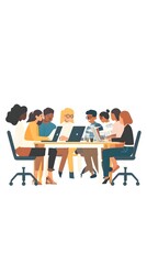 Cartoon-style flat illustration of a group of people working together in an office, sitting at a long table with laptops and papers on it