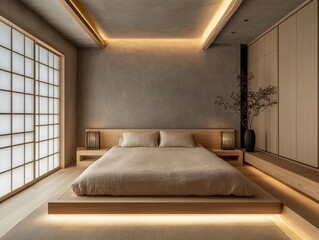 Obraz premium Low wooden bed, beige bedding, tatami mat, light gray walls, wooden nightstands