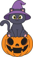 Cartoon halloween cat on pumpkin vector illustration