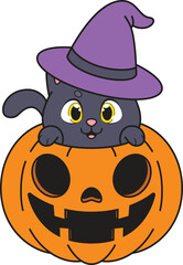 Cartoon halloween cat in carved pumpkin vector illustration