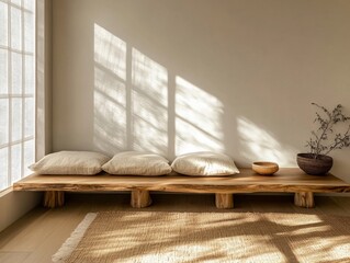 Low wooden bench, soft cushions, light walls, Japanese rug, natural light