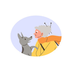 Vector illustration of a gray-haired grandmother and her gray dog in a round frame.