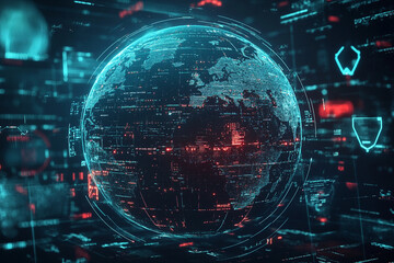 Fototapeta premium A 3D digital globe surrounded by layers of floating firewalls. Generative AI