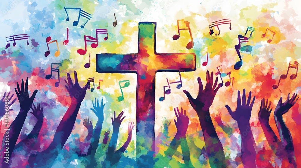Poster 2. **illustrate a lively scene where a colorful christian cross is intertwined with flowing music no