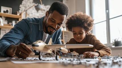 A father and son focus on assembling a model airplane surrounded by parts and instructions