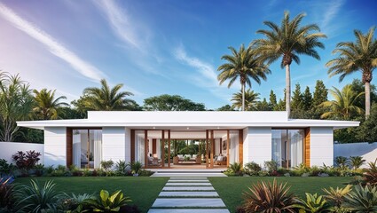 Fototapeta premium A sleek, modern, single-story house with a minimalist design boasting a flat roof and a harmonious blend of crisp white walls and warm natural wood accents