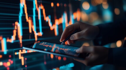 Analyzing financial data on a tablet with vibrant graphs in a modern office at night