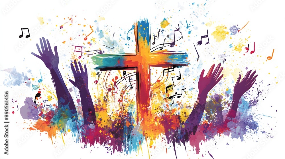 Poster 2. **illustrate a lively scene where a colorful christian cross is intertwined with flowing music no