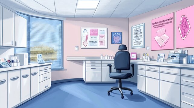A modern medical office with treatment equipment and informational posters.