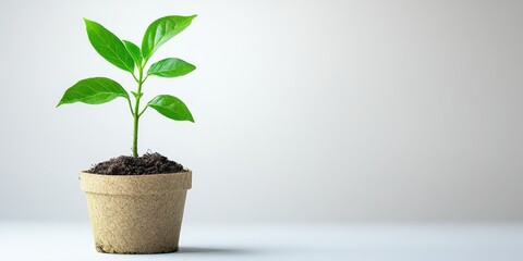 A vibrant green plant in a biodegradable pot, symbolizing growth and sustainability against a clean background.