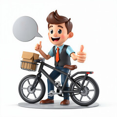 Cartoon delivery man with thumbs up standing beside a bike with a package. Happy and friendly character promoting eco-friendly delivery, ideal for modern logistics and service themes.
