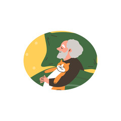 Elderly man sleeping under the blanket on the bed and hugging cat, vector cartoon senior owner with adorable pet dream