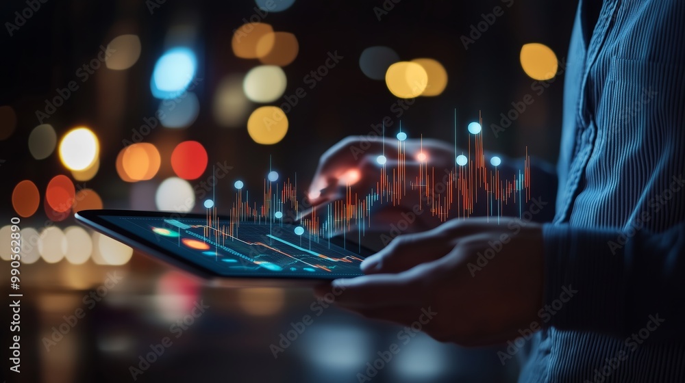 Poster a person analyzes digital financial data on a tablet while socializing in a vibrant urban setting at