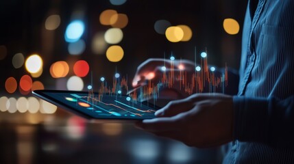 A person analyzes digital financial data on a tablet while socializing in a vibrant urban setting at night