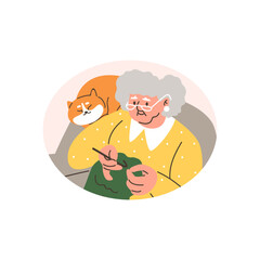 Elderly woman knitting in armchair with cute kitten sitting on shoulders, vector cartoon senior owner with adorable cat