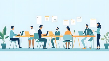 Cartoon-style flat illustration of a group of people working together in an office, sitting at a long table with laptops and papers on it
